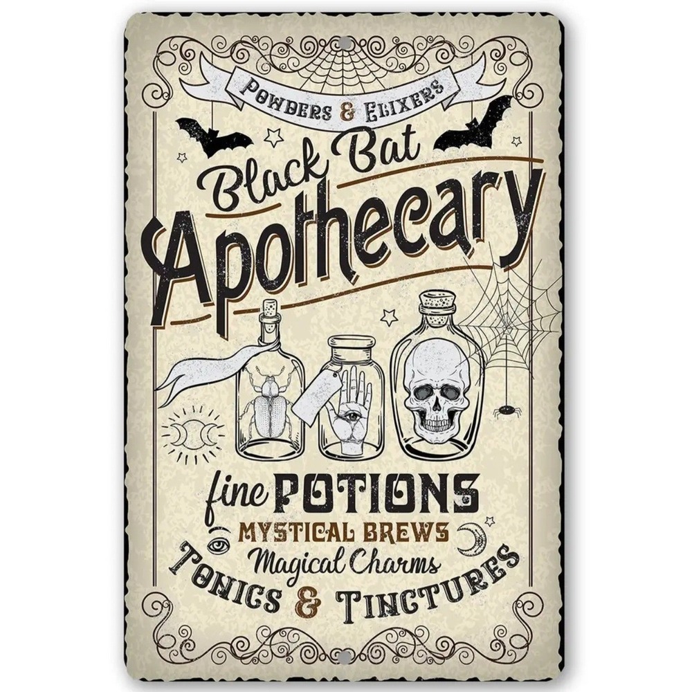 Metal Sign Halloween 12" x 18" Black Bat Apothecary Vintage Style Halloween NWT‎